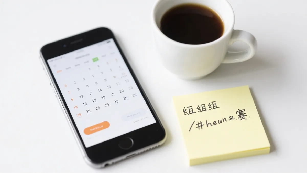 手机日历与时区换算界面，旁边有咖啡与便签，展示规划观赛时间的感觉