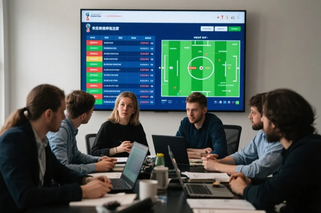 编辑团队围绕世界杯焦点战撰写解读专栏的工作场景